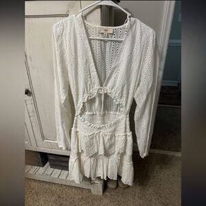 White Eyelet Long Sleeve Cutout Dress